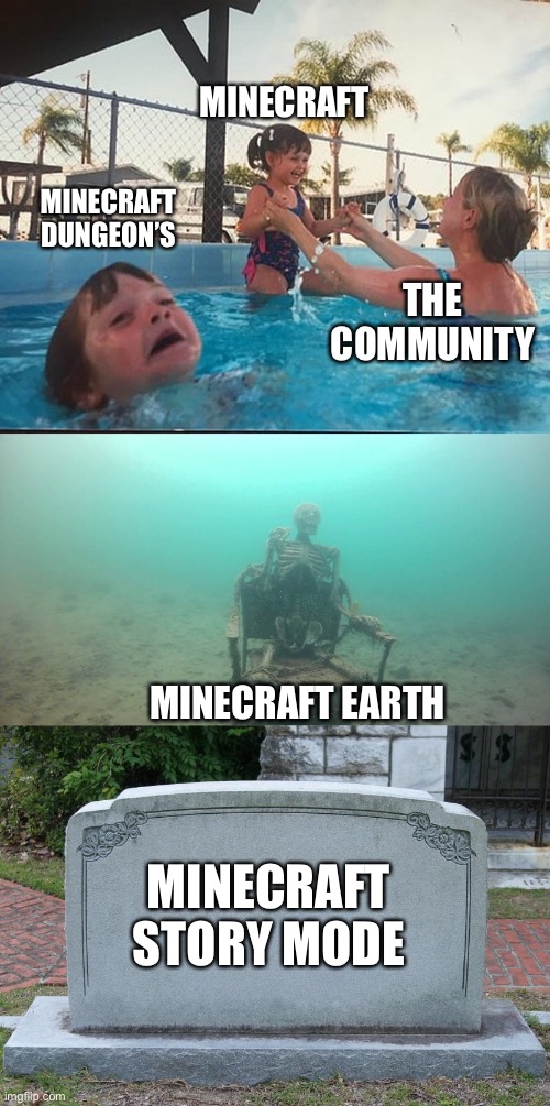 Basically The Whole Minecraft Games Community In One Meme | MINECRAFT; MINECRAFT DUNGEON’S; THE COMMUNITY; MINECRAFT EARTH; MINECRAFT STORY MODE | image tagged in drowning kid skeleton,gravestone,minecraft | made w/ Imgflip meme maker