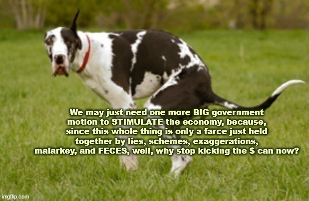 dog$ hit the government in the policy | We may just need one more BIG government motion to STIMULATE the economy, because, since this whole thing is only a farce just held together by lies, schemes, exaggerations, malarkey, and FECES, well, why stop kicking the $ can now? | image tagged in dog crap | made w/ Imgflip meme maker