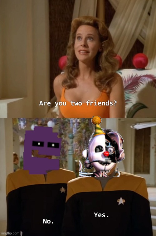 What to put here :D | image tagged in are you two friends,memes,funny,fnaf | made w/ Imgflip meme maker