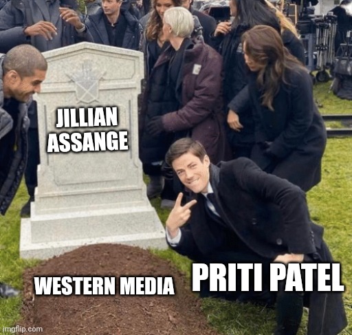 Grant Gustin over grave | JILLIAN ASSANGE; PRITI PATEL; WESTERN MEDIA | image tagged in grant gustin over grave | made w/ Imgflip meme maker