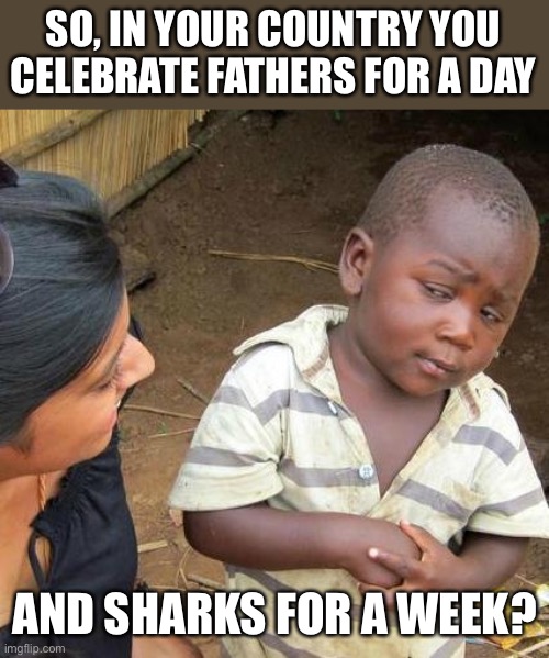 Father’s Day | SO, IN YOUR COUNTRY YOU CELEBRATE FATHERS FOR A DAY; AND SHARKS FOR A WEEK? | image tagged in memes,third world skeptical kid | made w/ Imgflip meme maker