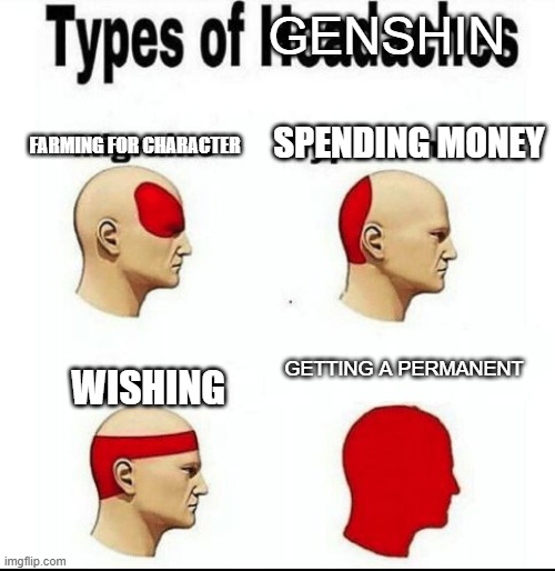 Types of Headaches meme | GENSHIN; SPENDING MONEY; FARMING FOR CHARACTER; GETTING A PERMANENT; WISHING | image tagged in types of headaches meme | made w/ Imgflip meme maker