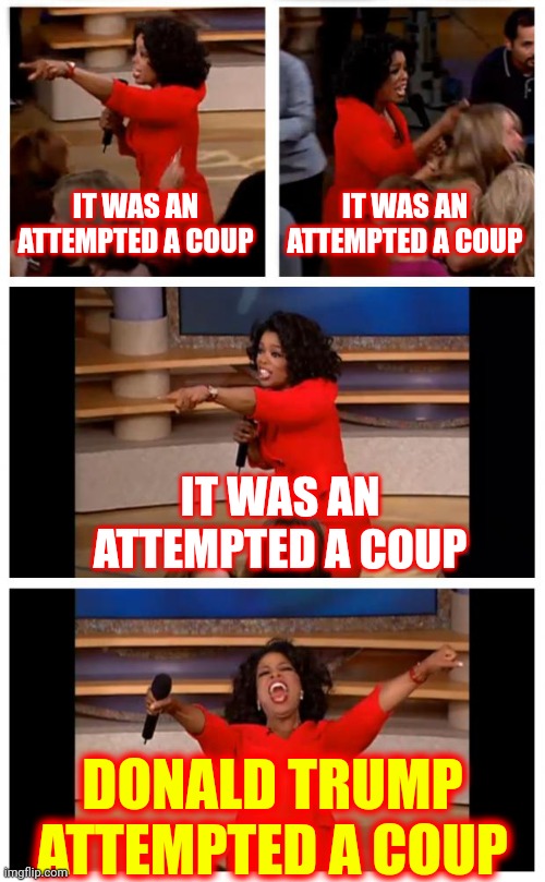 Attempted : coup d'é·tat [ˌko͞o dāˈtä] NOUN a sudden, violent, and unlawful seizure of power from a government; a coup | IT WAS AN ATTEMPTED A COUP; IT WAS AN ATTEMPTED A COUP; IT WAS AN ATTEMPTED A COUP; DONALD TRUMP ATTEMPTED A COUP | image tagged in memes,oprah you get a car everybody gets a car,and that's a fact,trump attempted a coup,coup,lock him up | made w/ Imgflip meme maker