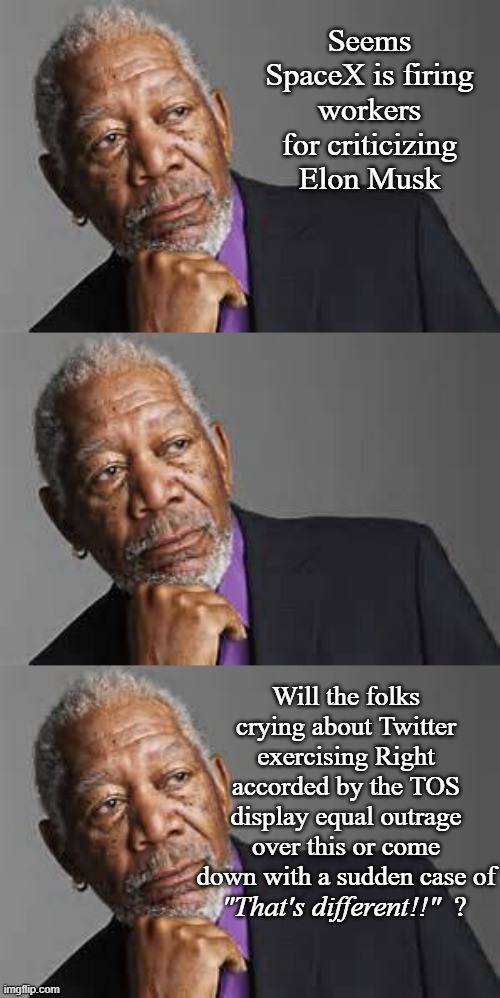 Seems SpaceX is firing workers for criticizing Elon Musk; Will the folks crying about Twitter exercising Right accorded by the TOS display equal outrage over this or come down with a sudden case of; ? "That's different!!" | image tagged in deep thoughts by morgan freeman | made w/ Imgflip meme maker