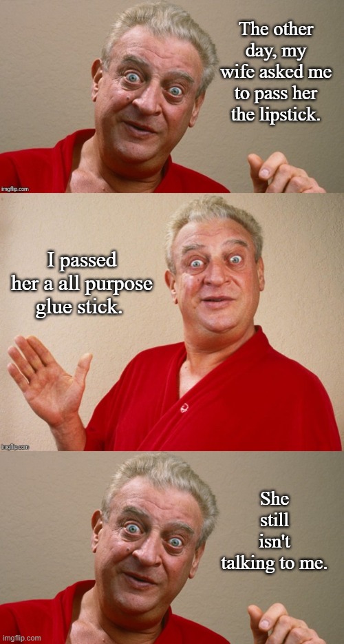 Wife Joke | The other day, my wife asked me to pass her the lipstick. I passed her a all purpose glue stick. She still isn't talking to me. | image tagged in rodney dangerfield,memes,funny memes | made w/ Imgflip meme maker