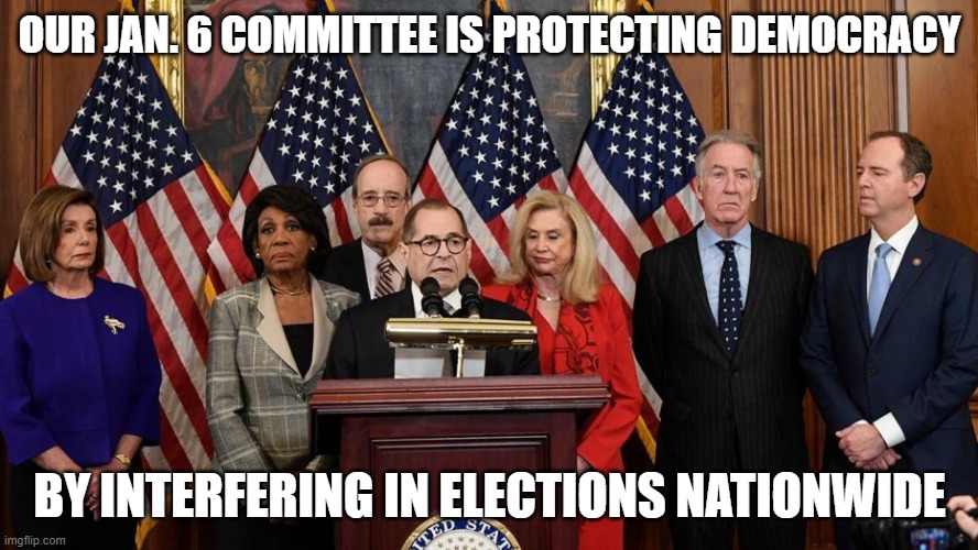 Tyranny unleashed | OUR JAN. 6 COMMITTEE IS PROTECTING DEMOCRACY; BY INTERFERING IN ELECTIONS NATIONWIDE | image tagged in house democrats | made w/ Imgflip meme maker