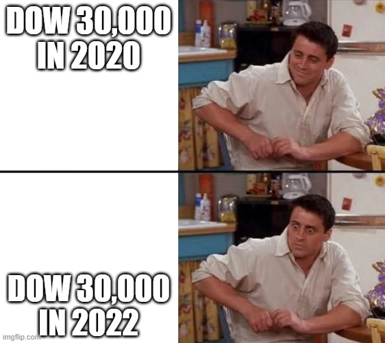 Surprised Joey | DOW 30,000 IN 2020; DOW 30,000 IN 2022 | image tagged in surprised joey | made w/ Imgflip meme maker