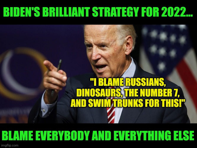 Personal Responsibility......not a word you'll find in Democrat approved dictionaries | BIDEN'S BRILLIANT STRATEGY FOR 2022... "I BLAME RUSSIANS, DINOSAURS, THE NUMBER 7, AND SWIM TRUNKS FOR THIS!"; BLAME EVERYBODY AND EVERYTHING ELSE | image tagged in joe biden pointing,blame russia,blame canada,blame,liberal hypocrisy,lying | made w/ Imgflip meme maker