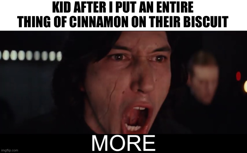 Kids and their biscuits | KID AFTER I PUT AN ENTIRE THING OF CINNAMON ON THEIR BISCUIT | image tagged in kylo ren more | made w/ Imgflip meme maker