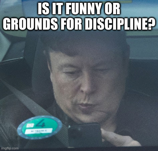 Twatter | IS IT FUNNY OR GROUNDS FOR DISCIPLINE? | image tagged in twatter,tesla,life | made w/ Imgflip meme maker