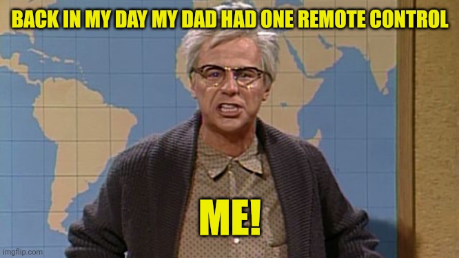 back in my day | BACK IN MY DAY MY DAD HAD ONE REMOTE CONTROL; ME! | image tagged in back in my day | made w/ Imgflip meme maker