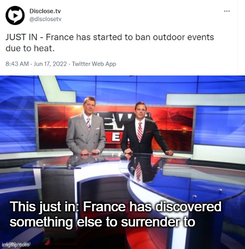 Headlines don't always paint the whole picture | This just in: France has discovered 
something else to surrender to | image tagged in news report | made w/ Imgflip meme maker