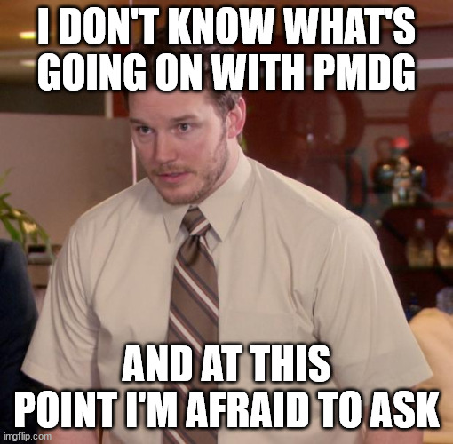 Chris Pratt - Too Afraid to Ask | I DON'T KNOW WHAT'S GOING ON WITH PMDG; AND AT THIS POINT I'M AFRAID TO ASK | image tagged in chris pratt - too afraid to ask | made w/ Imgflip meme maker