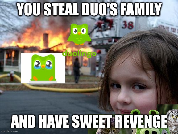 ATTACK ON DUO | YOU STEAL DUO'S FAMILY; AND HAVE SWEET REVENGE | image tagged in memes,disaster girl,duolingo,evil,girl,owl | made w/ Imgflip meme maker
