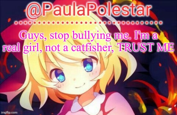 Paula announcement 2 | Guys, stop bullying me. I'm a real girl, not a catfisher, TRUST ME | image tagged in paula announcement 2 | made w/ Imgflip meme maker