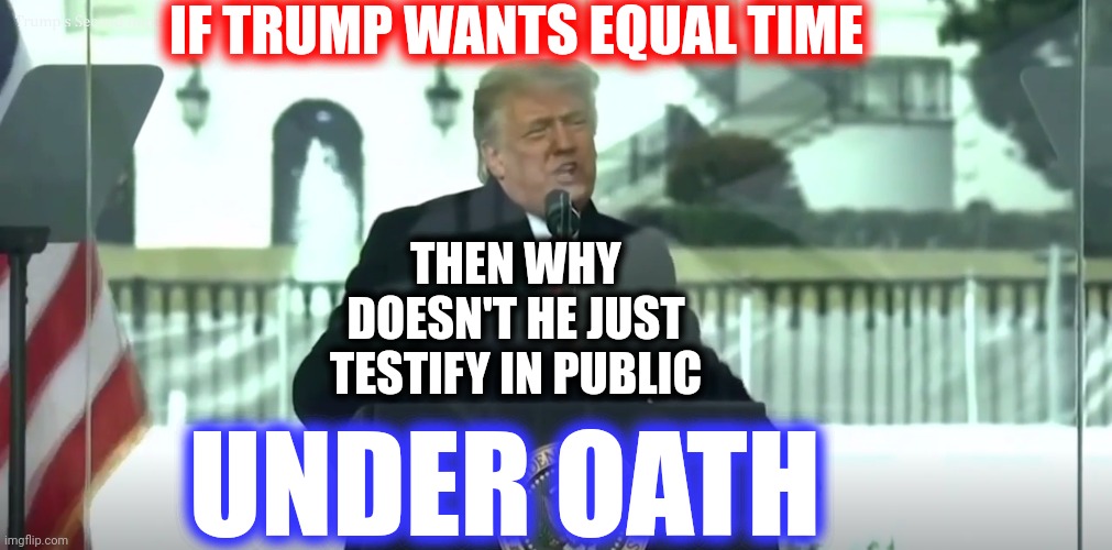 Then Testify, Under Oath, In Public | IF TRUMP WANTS EQUAL TIME; THEN WHY DOESN'T HE JUST TESTIFY IN PUBLIC; UNDER OATH | image tagged in trump january 6 asks insurrectionists to overturn the election,memes,trump attempted a coup,guilty,sedition,lock him up | made w/ Imgflip meme maker