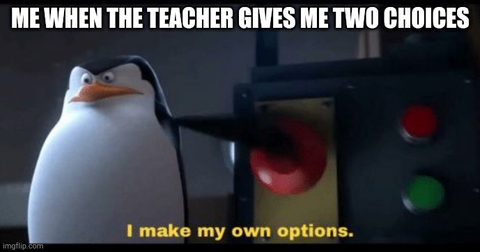 I make my own options | ME WHEN THE TEACHER GIVES ME TWO CHOICES | image tagged in i make my own options | made w/ Imgflip meme maker