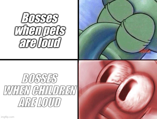 sleeping Squidward | Bosses when pets are loud; BOSSES WHEN CHILDREN ARE LOUD | image tagged in sleeping squidward | made w/ Imgflip meme maker
