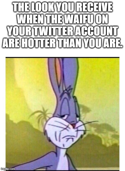 Disappointed Bugs Bunny | THE LOOK YOU RECEIVE WHEN THE WAIFU ON YOUR TWITTER ACCOUNT ARE HOTTER THAN YOU ARE. | image tagged in disappointed bugs bunny | made w/ Imgflip meme maker