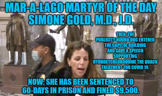Another Poor Little Rich Girl Goes To Jail | MAR-A-LAGO MARTYR OF THE DAY
SIMONE GOLD, M.D., J.D. THEN: THE PUBLICITY HOUND DOC ENTERED THE CAPITOL BUILDING AND GAVE A SPEECH SUPPORTING HYDROXYCHLOROQUINE THE QUACK TREATMENT FOR COVID 19. NOW: SHE HAS BEEN SENTENCED TO 60-DAYS IN PRISON AND FINED $9,500. | image tagged in politics | made w/ Imgflip meme maker