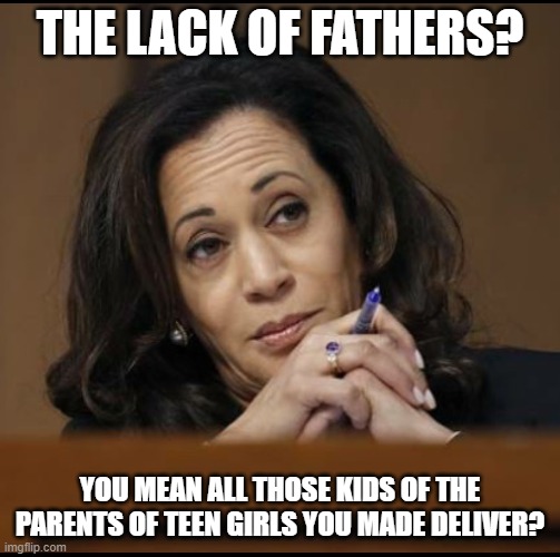 Kamala Harris  | THE LACK OF FATHERS? YOU MEAN ALL THOSE KIDS OF THE PARENTS OF TEEN GIRLS YOU MADE DELIVER? | image tagged in kamala harris | made w/ Imgflip meme maker