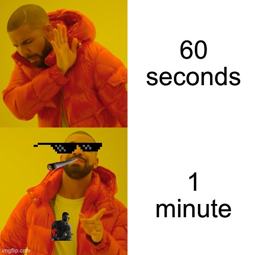 Drake Hotline Bling Meme | 60 seconds; 1 minute | image tagged in memes,drake hotline bling | made w/ Imgflip meme maker