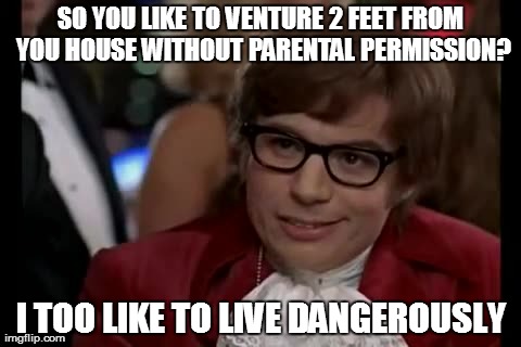 I Too Like To Live Dangerously | SO YOU LIKE TO VENTURE 2 FEET FROM YOU HOUSE WITHOUT PARENTAL PERMISSION? I TOO LIKE TO LIVE DANGEROUSLY | image tagged in memes,i too like to live dangerously | made w/ Imgflip meme maker