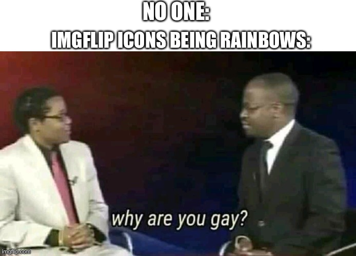 No one’s gonna laugh at this | NO ONE:; IMGFLIP ICONS BEING RAINBOWS: | image tagged in why are you gay,imgflip,duh | made w/ Imgflip meme maker