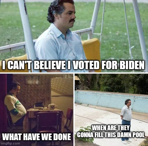 Biden | I CAN'T BELIEVE I VOTED FOR BIDEN; WHEN ARE THEY GONNA FILL THIS DAMN POOL; WHAT HAVE WE DONE | image tagged in memes,sad pablo escobar,joe biden | made w/ Imgflip meme maker