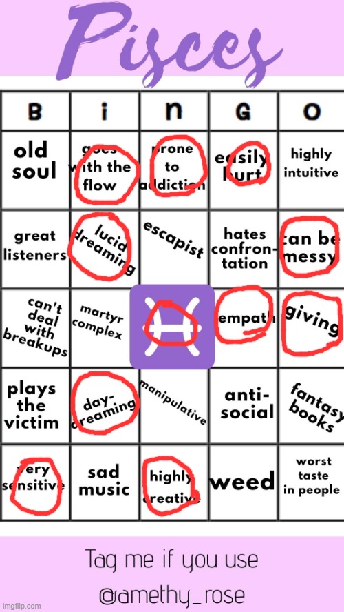 Pisces Bingo | image tagged in pisces bingo | made w/ Imgflip meme maker