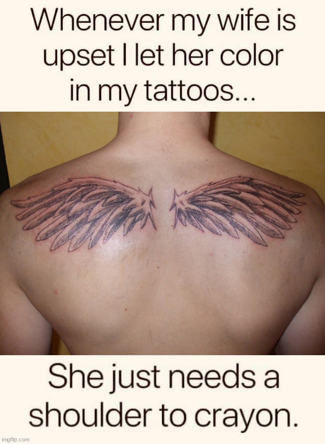 image tagged in wing back tattoo,eye roll | made w/ Imgflip meme maker