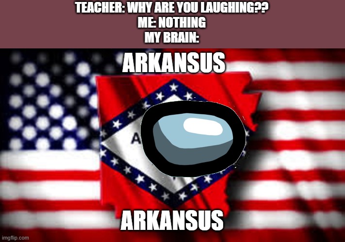 Arkansas USA map flag | TEACHER: WHY ARE YOU LAUGHING??
ME: NOTHING
MY BRAIN:; ARKANSUS; ARKANSUS | image tagged in arkansas usa map flag | made w/ Imgflip meme maker
