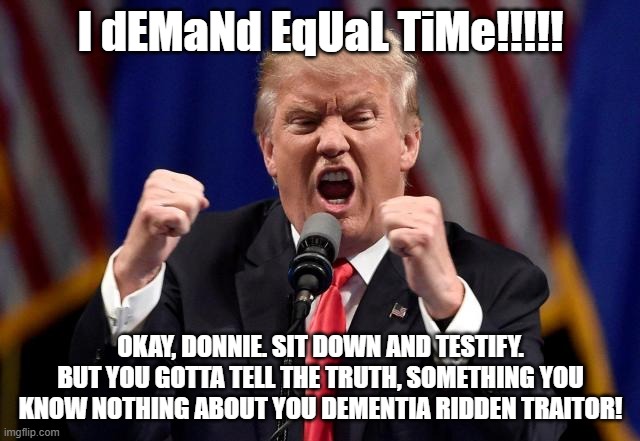 Angry Trump | I dEMaNd EqUaL TiMe!!!!! OKAY, DONNIE. SIT DOWN AND TESTIFY. BUT YOU GOTTA TELL THE TRUTH, SOMETHING YOU KNOW NOTHING ABOUT YOU DEMENTIA RIDDEN TRAITOR! | image tagged in angry trump | made w/ Imgflip meme maker