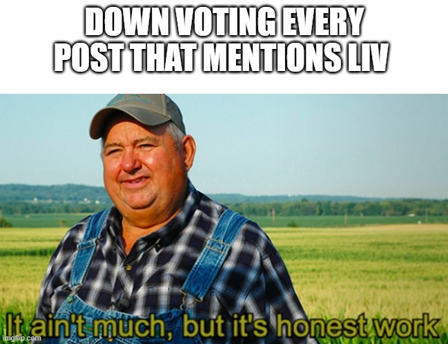 It ain't much, but it's honest work | DOWN VOTING EVERY POST THAT MENTIONS LIV | image tagged in it ain't much but it's honest work | made w/ Imgflip meme maker