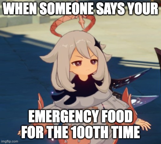 Genshin Impact Paimon | WHEN SOMEONE SAYS YOUR; EMERGENCY FOOD FOR THE 100TH TIME | image tagged in genshin impact paimon | made w/ Imgflip meme maker