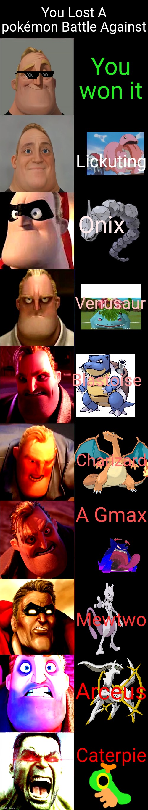 Mr. Incredible Becoming Angry | You Lost A pokémon Battle Against; You won it; Lickuting; Onix; Venusaur; Blastoise; Charizard; A Gmax; Mewtwo; Arceus; Caterpie | image tagged in mr incredible becoming angry | made w/ Imgflip meme maker