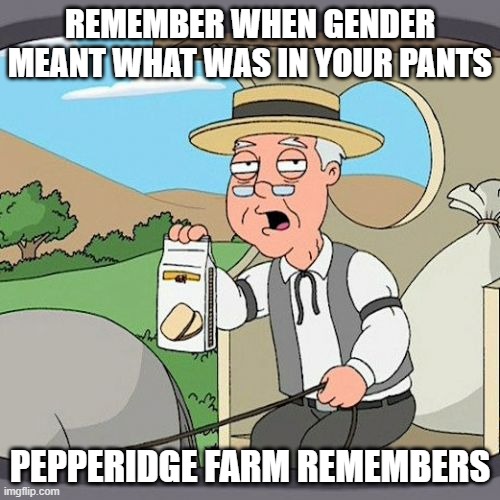 Pepperidge Farm Remembers | REMEMBER WHEN GENDER MEANT WHAT WAS IN YOUR PANTS; PEPPERIDGE FARM REMEMBERS | image tagged in memes,pepperidge farm remembers | made w/ Imgflip meme maker