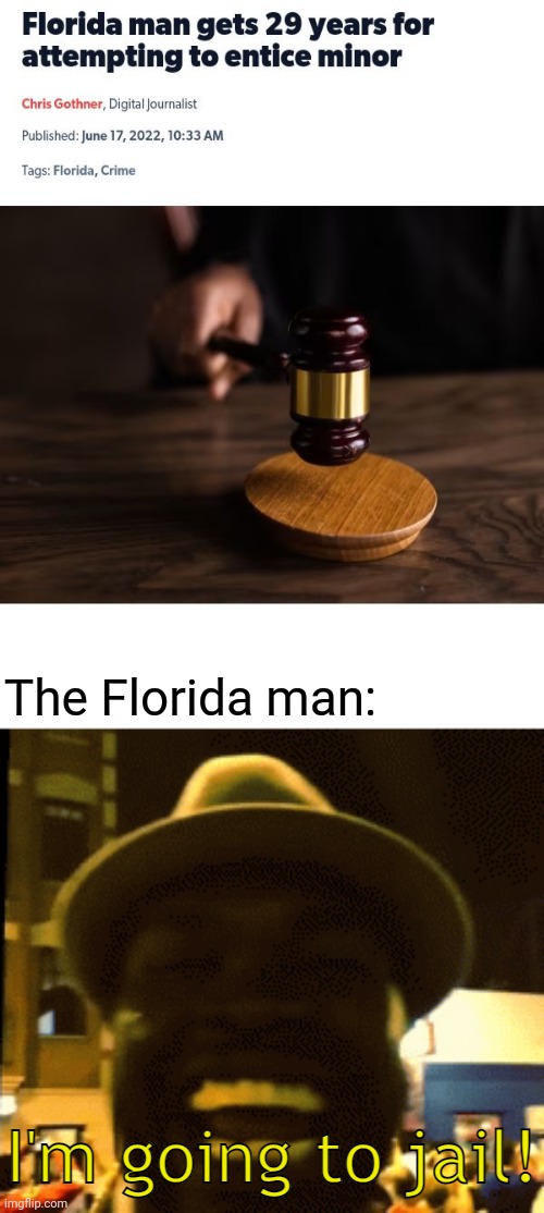 29 years | The Florida man: | image tagged in i'm going to jail,pedo,pedophile,florida man,news,memes | made w/ Imgflip meme maker