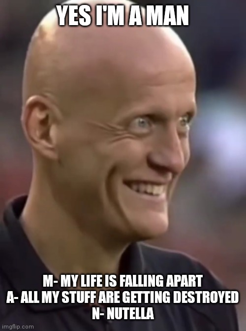 pierluigi collina | YES I'M A MAN; M- MY LIFE IS FALLING APART
A- ALL MY STUFF ARE GETTING DESTROYED
N- NUTELLA | image tagged in pierluigi collina | made w/ Imgflip meme maker