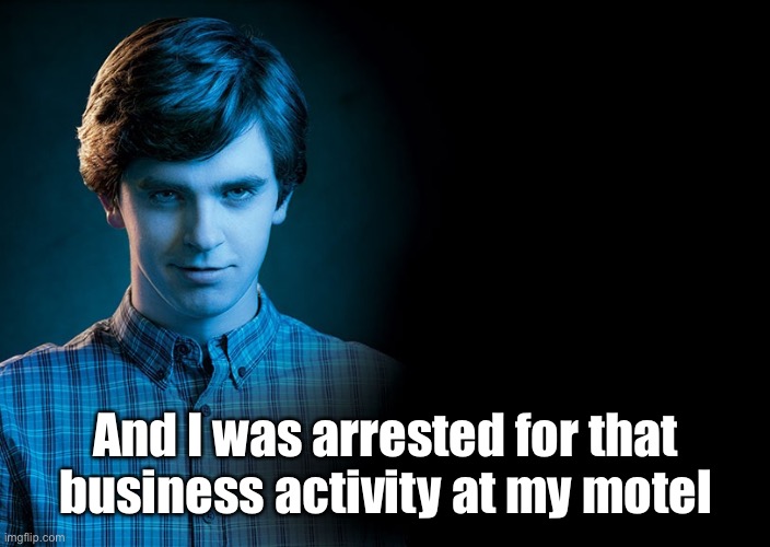 Norman Bates - Bates Motel | And I was arrested for that business activity at my motel | image tagged in norman bates - bates motel | made w/ Imgflip meme maker
