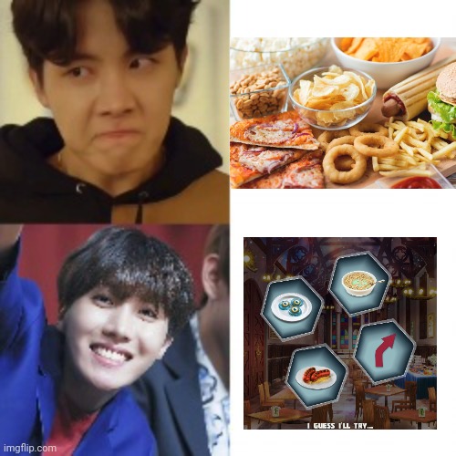 I'd like to try these foods from the elementalists | image tagged in jhope meme,choices,playchoices,mobile game | made w/ Imgflip meme maker