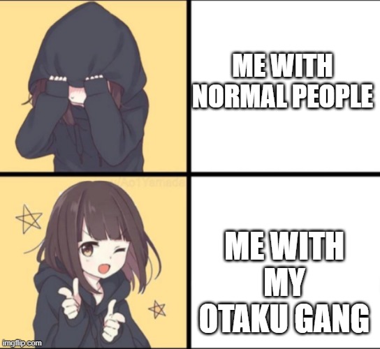 Anime Drake | ME WITH NORMAL PEOPLE; ME WITH MY OTAKU GANG | image tagged in anime drake | made w/ Imgflip meme maker