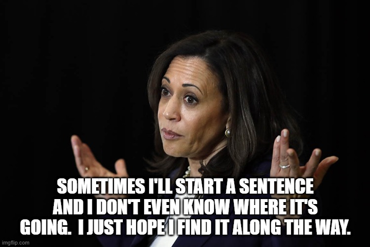 Kamaluuuuuuhhhh | SOMETIMES I'LL START A SENTENCE AND I DON'T EVEN KNOW WHERE IT'S GOING.  I JUST HOPE I FIND IT ALONG THE WAY. | image tagged in kamala harris | made w/ Imgflip meme maker