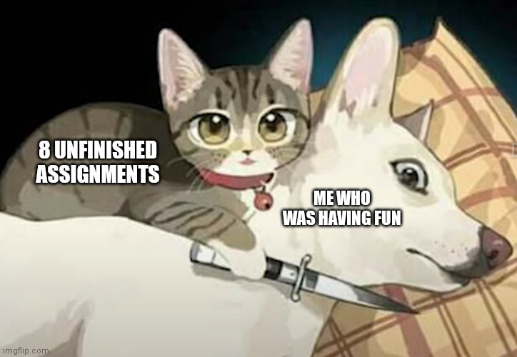 ＼(｀0´)／ | 8 UNFINISHED ASSIGNMENTS; ME WHO WAS HAVING FUN | image tagged in cat holding dog hostage art,cat holding dog hostage,cat,dog | made w/ Imgflip meme maker