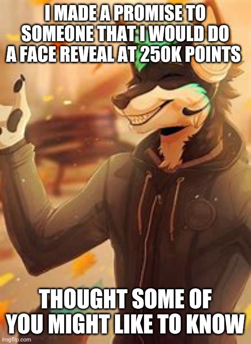 I know it isn't really furry related(Bun note: okay soo-… I guess we might can allow face reveals… maybe)  | I MADE A PROMISE TO SOMEONE THAT I WOULD DO A FACE REVEAL AT 250K POINTS; THOUGHT SOME OF YOU MIGHT LIKE TO KNOW | image tagged in furry art | made w/ Imgflip meme maker
