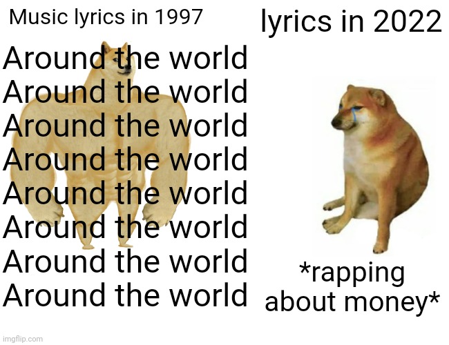 Buff Doge vs. Cheems | Music lyrics in 1997; lyrics in 2022; Around the world
Around the world
Around the world
Around the world
Around the world
Around the world
Around the world
Around the world; *rapping about money* | image tagged in memes,buff doge vs cheems | made w/ Imgflip meme maker