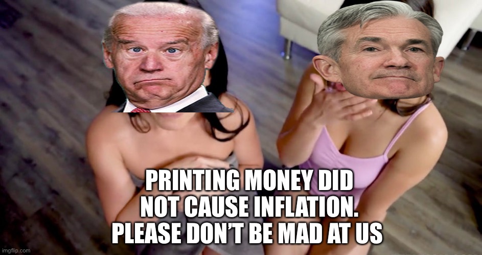 Biden and Powell | PRINTING MONEY DID NOT CAUSE INFLATION. PLEASE DON’T BE MAD AT US | image tagged in two girls on their knees,phoebe joey,federal reserve | made w/ Imgflip meme maker
