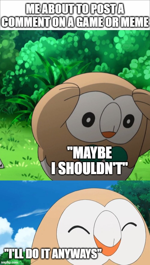 rowlet |  ME ABOUT TO POST A COMMENT ON A GAME OR MEME; "MAYBE I SHOULDN'T"; "I'LL DO IT ANYWAYS" | image tagged in plotting rowlet,no regrets,memes,pokemon | made w/ Imgflip meme maker