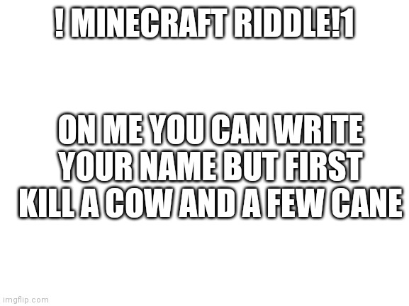 Minecraft Riddle | ! MINECRAFT RIDDLE!1; ON ME YOU CAN WRITE YOUR NAME BUT FIRST KILL A COW AND A FEW CANE | image tagged in blank white template,riddle | made w/ Imgflip meme maker