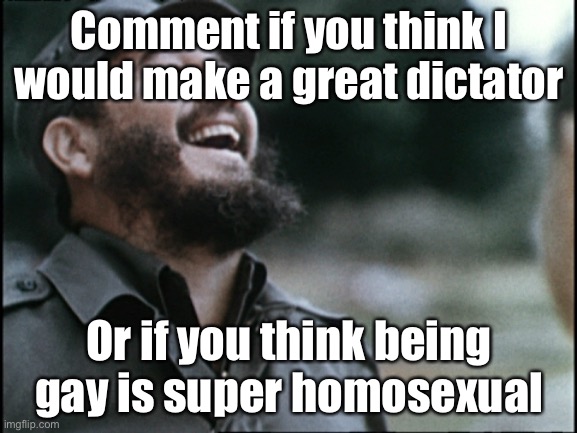 Laughing dictator | Comment if you think I would make a great dictator; Or if you think being gay is super homosexual | image tagged in laughing dictator | made w/ Imgflip meme maker